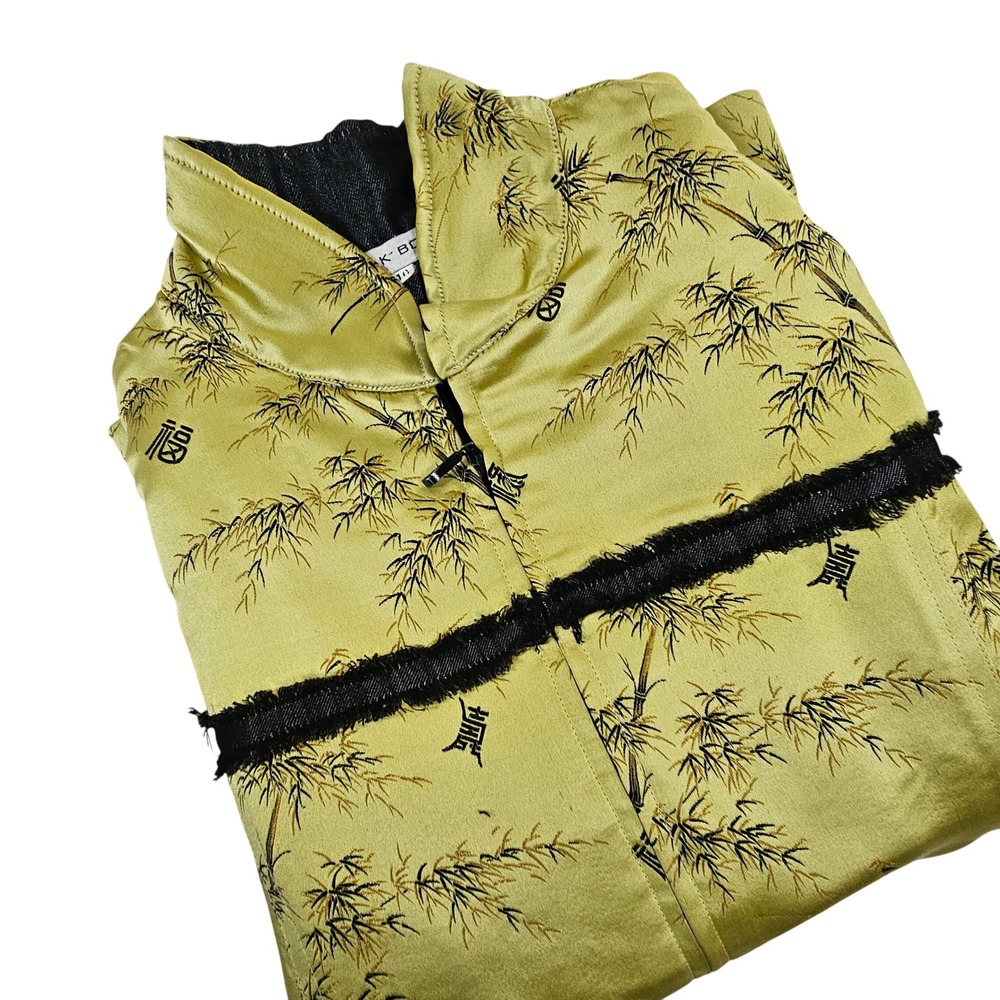 Silk Box Womens Size 10 Green/Gold Bamboo Print Silk Cotton Zip Front Vest Asian